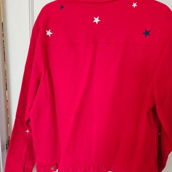 The Quaker Factory red denim blazer w white & blue stars (L) 25" long. - Picture 3 of 4